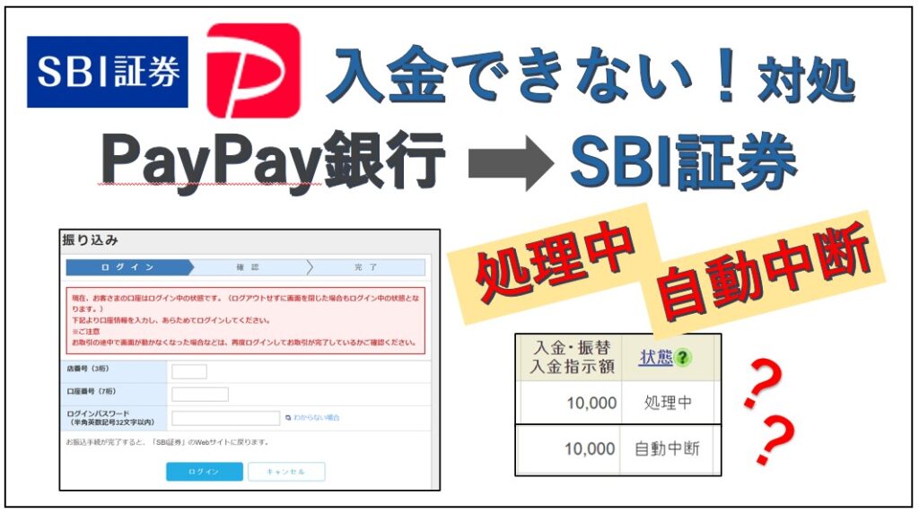 SBI証券PayPay銀行から即時入金できない！ログイン中で自動中断